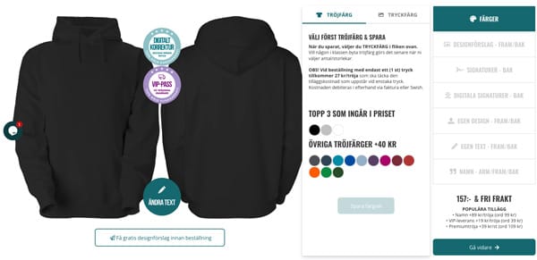 Designmodul för att välja tröja, färg och tryck